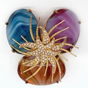 Vintage Lucite Stone Brooch Gold Tone Rhinestone Starburst Cabochon Pin